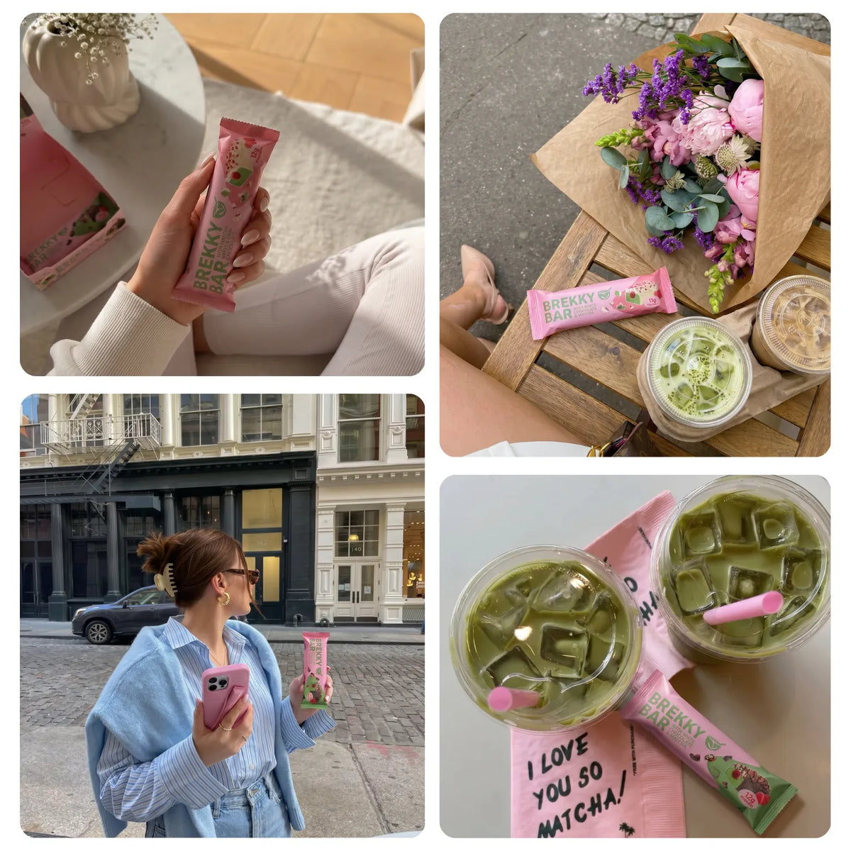 Collage mit Matcha Proteinriegel und Matcha Drinks