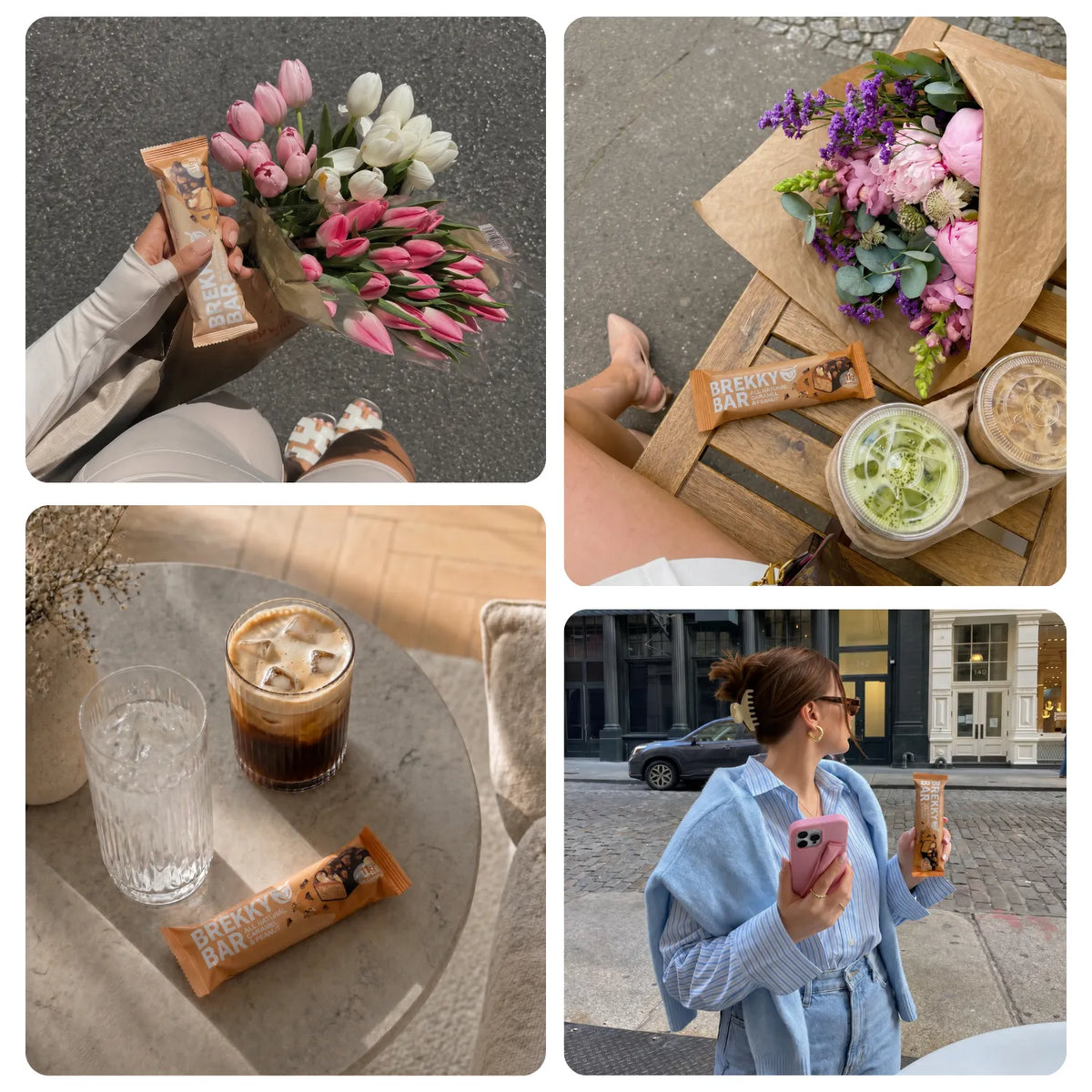 Collage mit Brekky Bar Riegeln Blumen und Eiskaffee