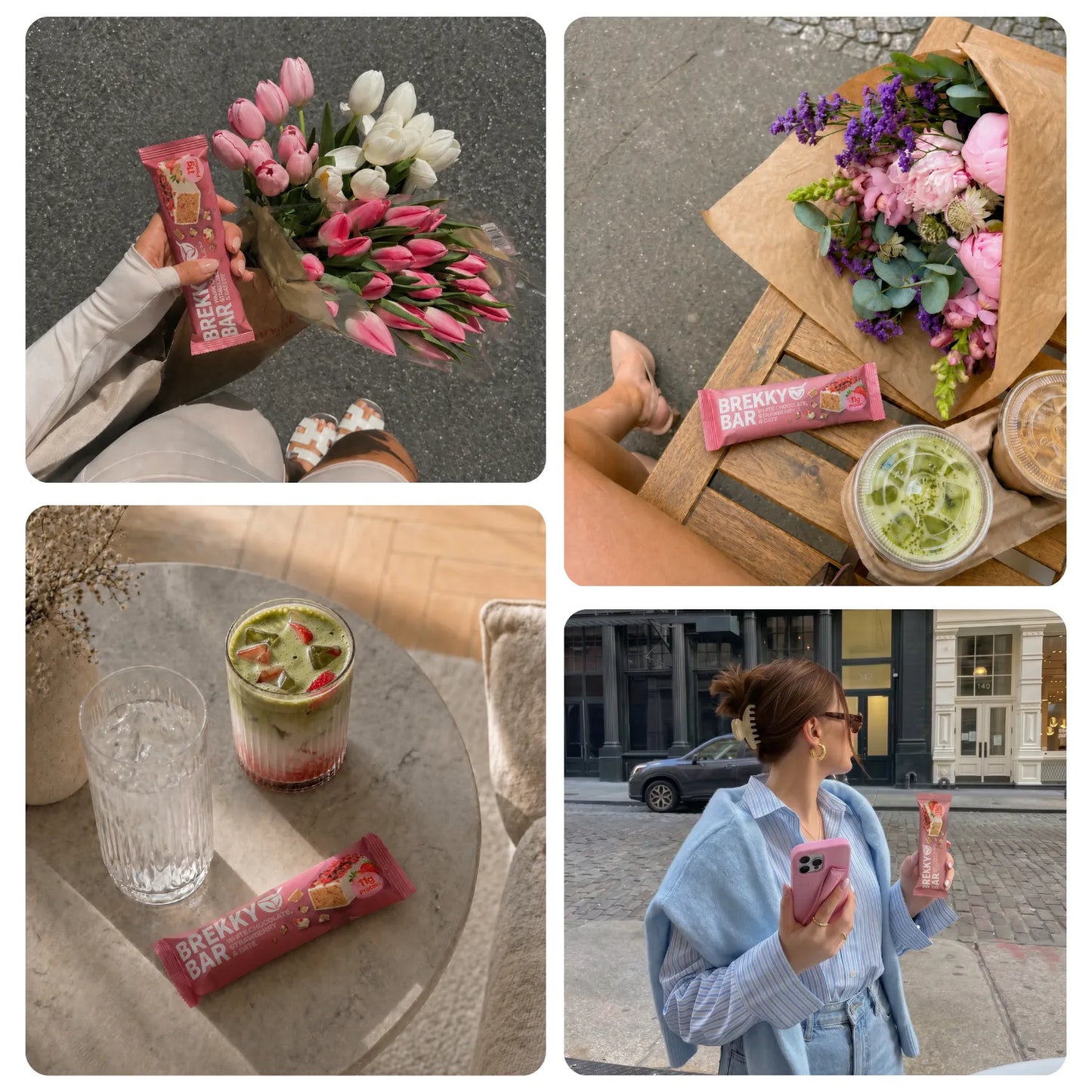 Vier Alltagsszenen mit Brekky Bar Erdbeer Proteinriegel