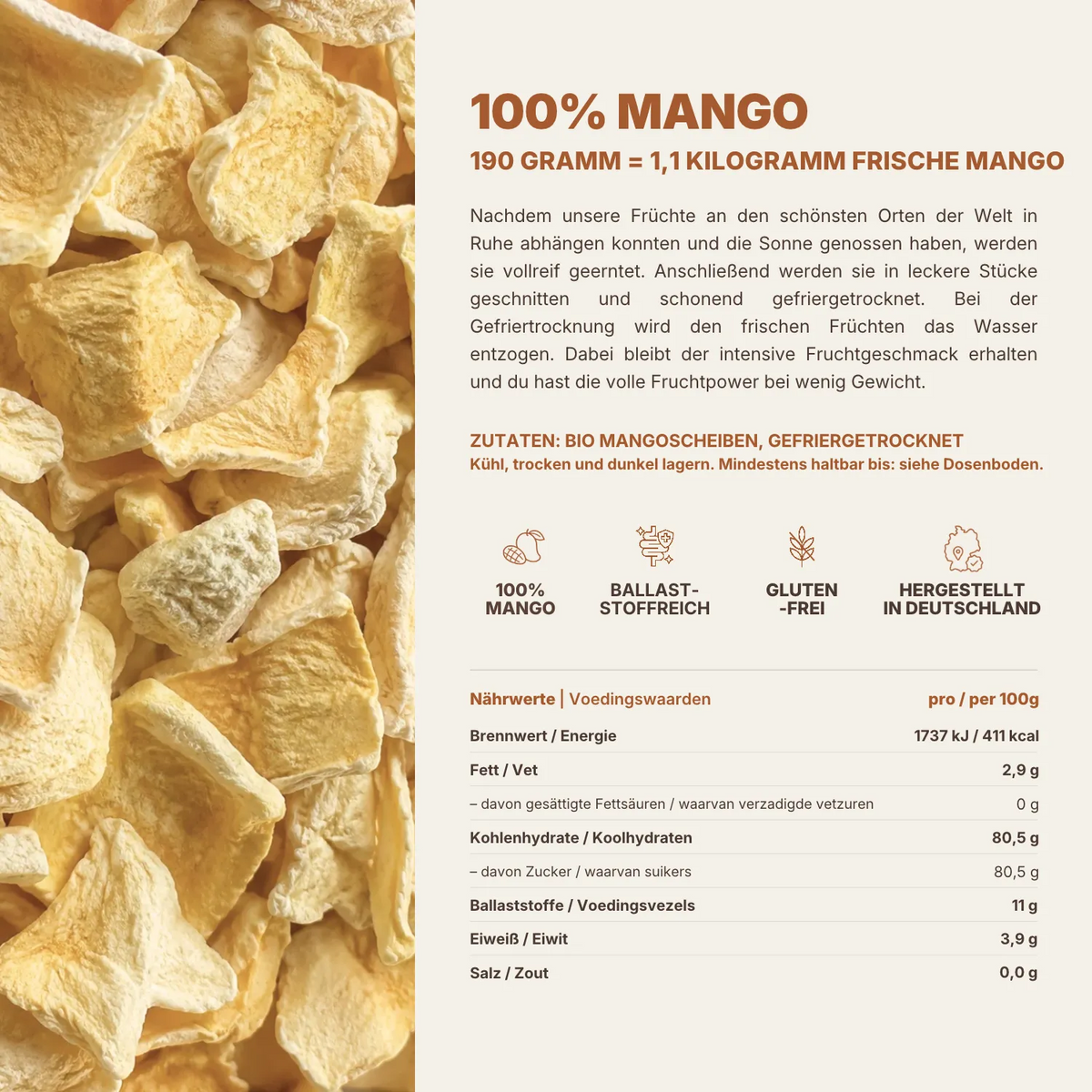 Zutatenliste gefriergetrocknete Mango