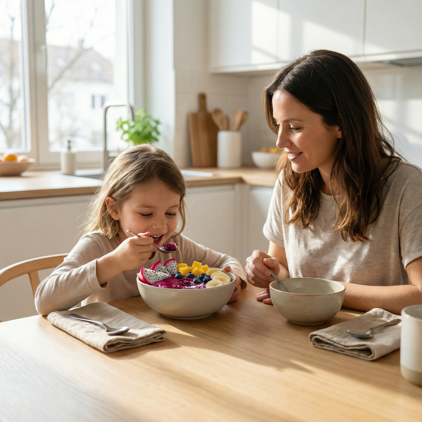 Mutter und Kind essen Smoothie Bowl in der Küche