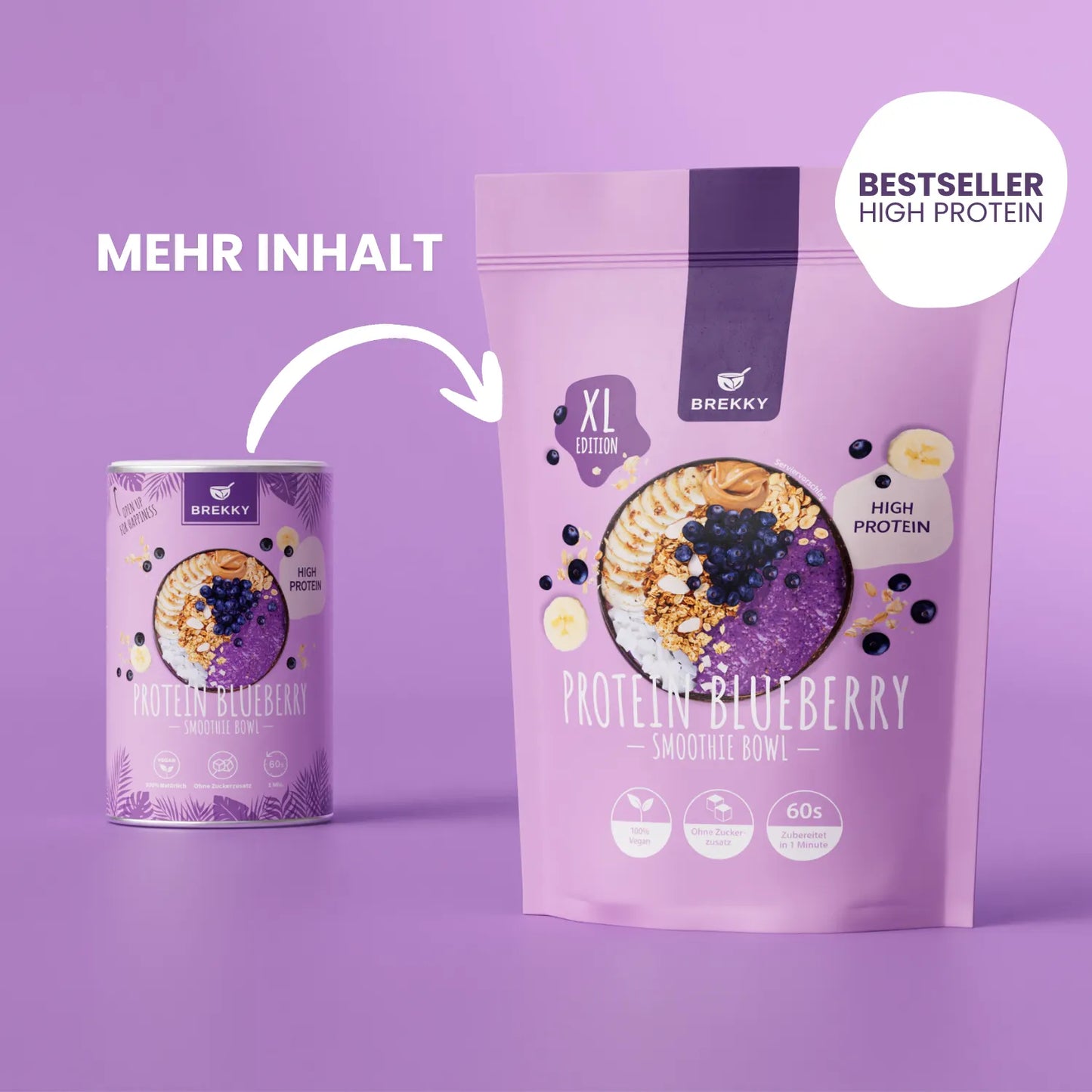 XL Beutel Protein Blueberry neben kleiner Dose im Größenvergleich