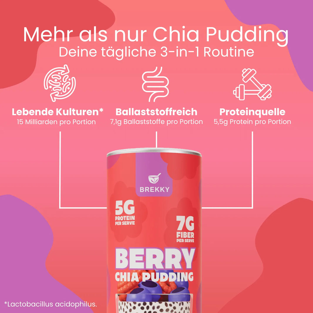 Dose Berry Chia Pudding mit Vorteilen zu Ballaststoffen und Protein