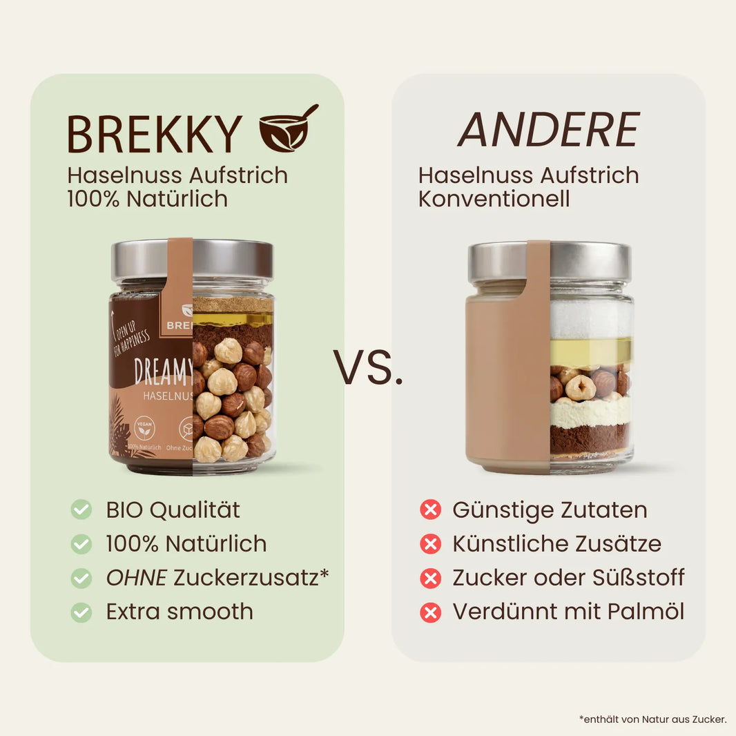 Vergleich Dreamy Hazel Haselnussmus mit konventionellem Haselnussaufstrich