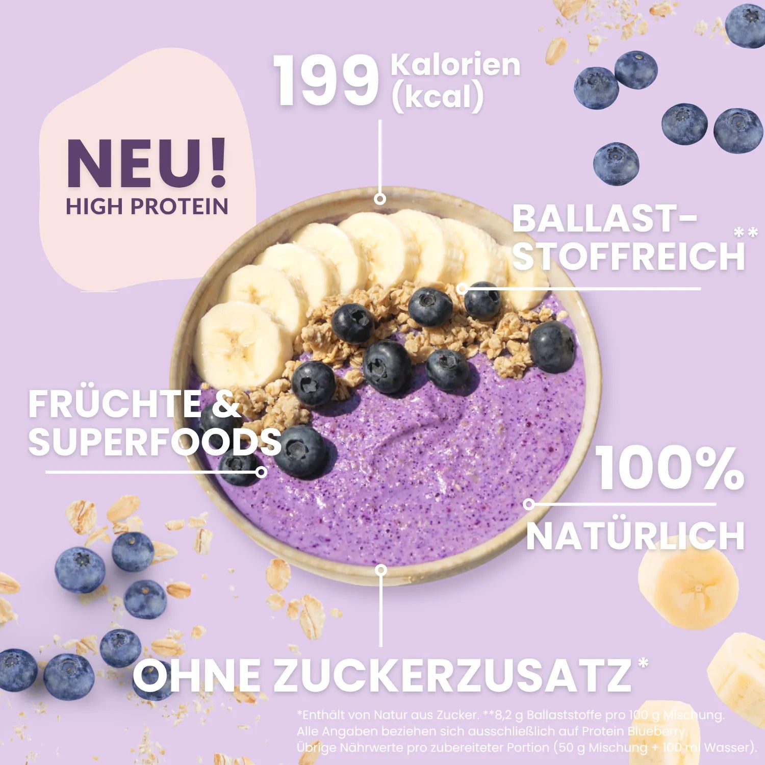 Blaubeer Smoothie Bowl mit Bananenscheiben und Nährwertangaben