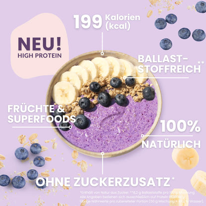 Blaubeer Smoothie Bowl mit Bananenscheiben und Nährwertangaben