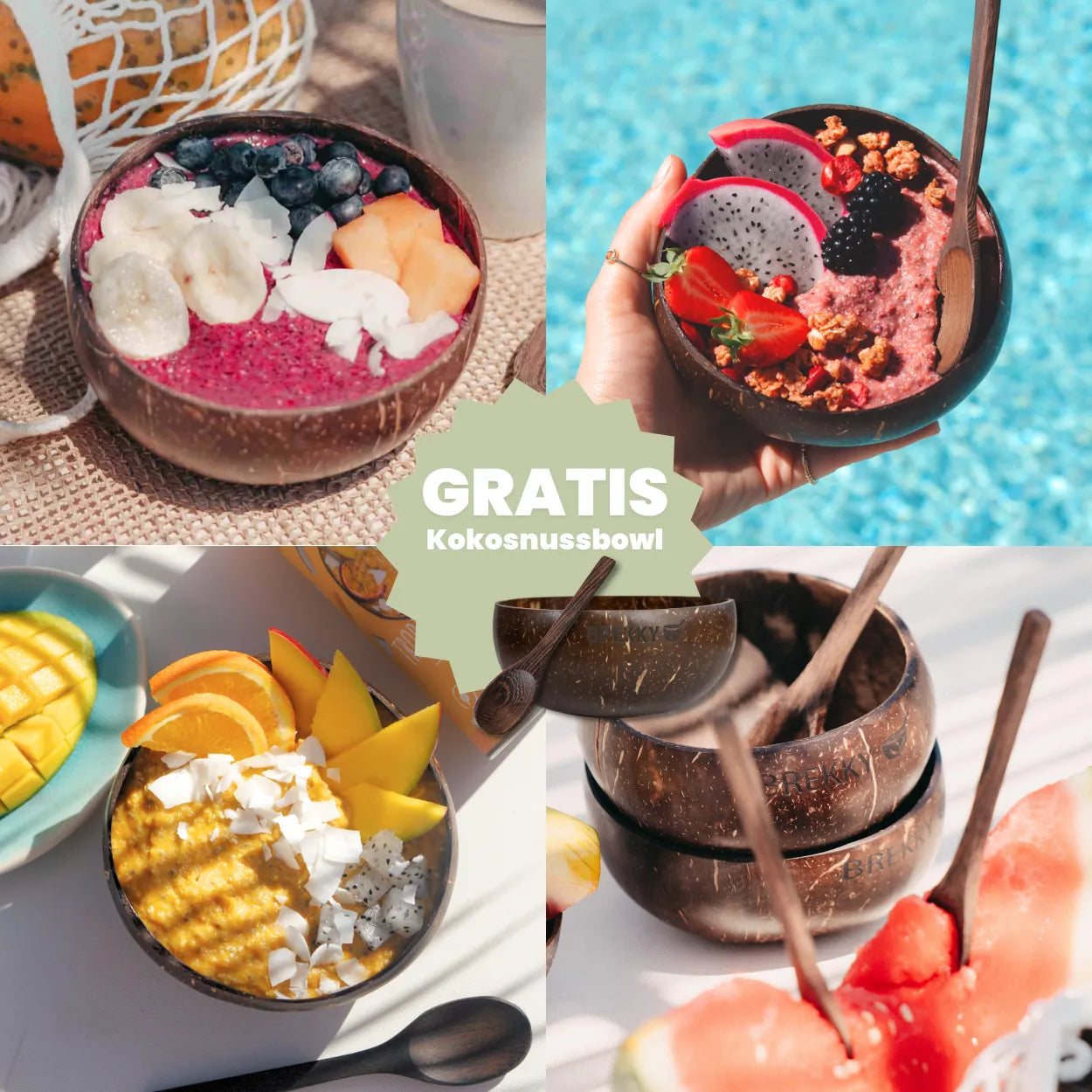 Vier Smoothie Bowls in Kokosnussschalen mit Gratis Kokosnussbowl Hinweis