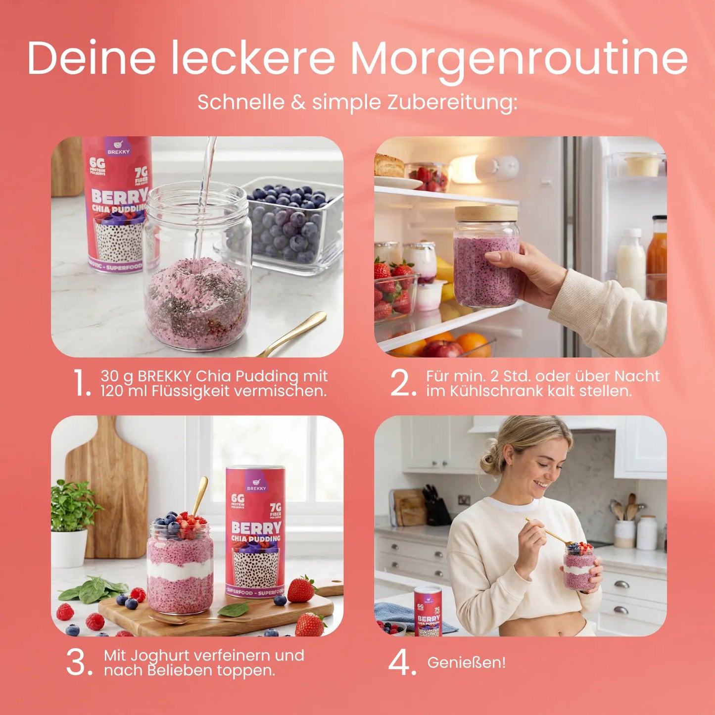 Vier Zubereitungsschritte für Berry Chia Pudding