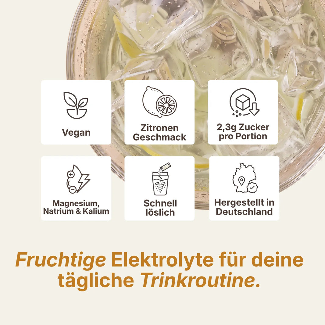 Elektrolyte mit Zitronen Geschmack, vegan und schnell löslich