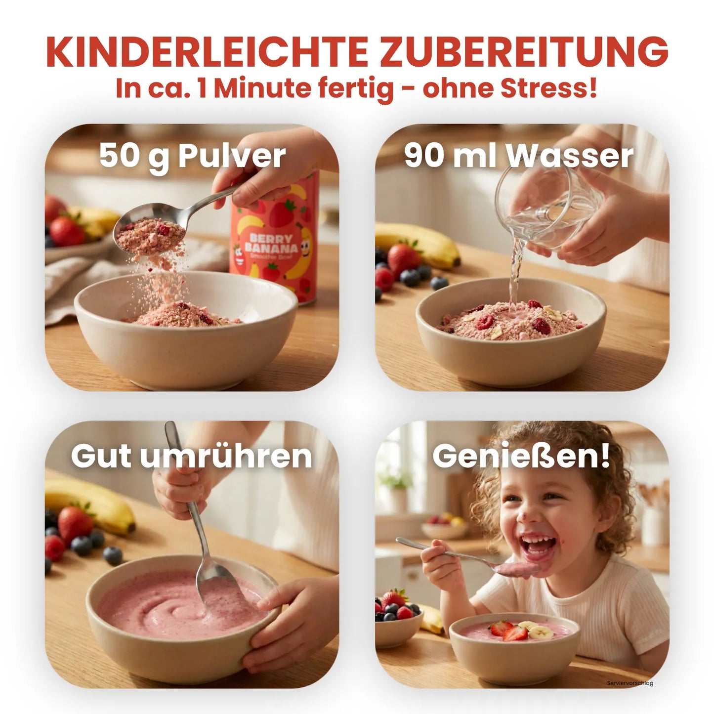 Zubereitung der Kids Smoothie Bowl in vier Schritten