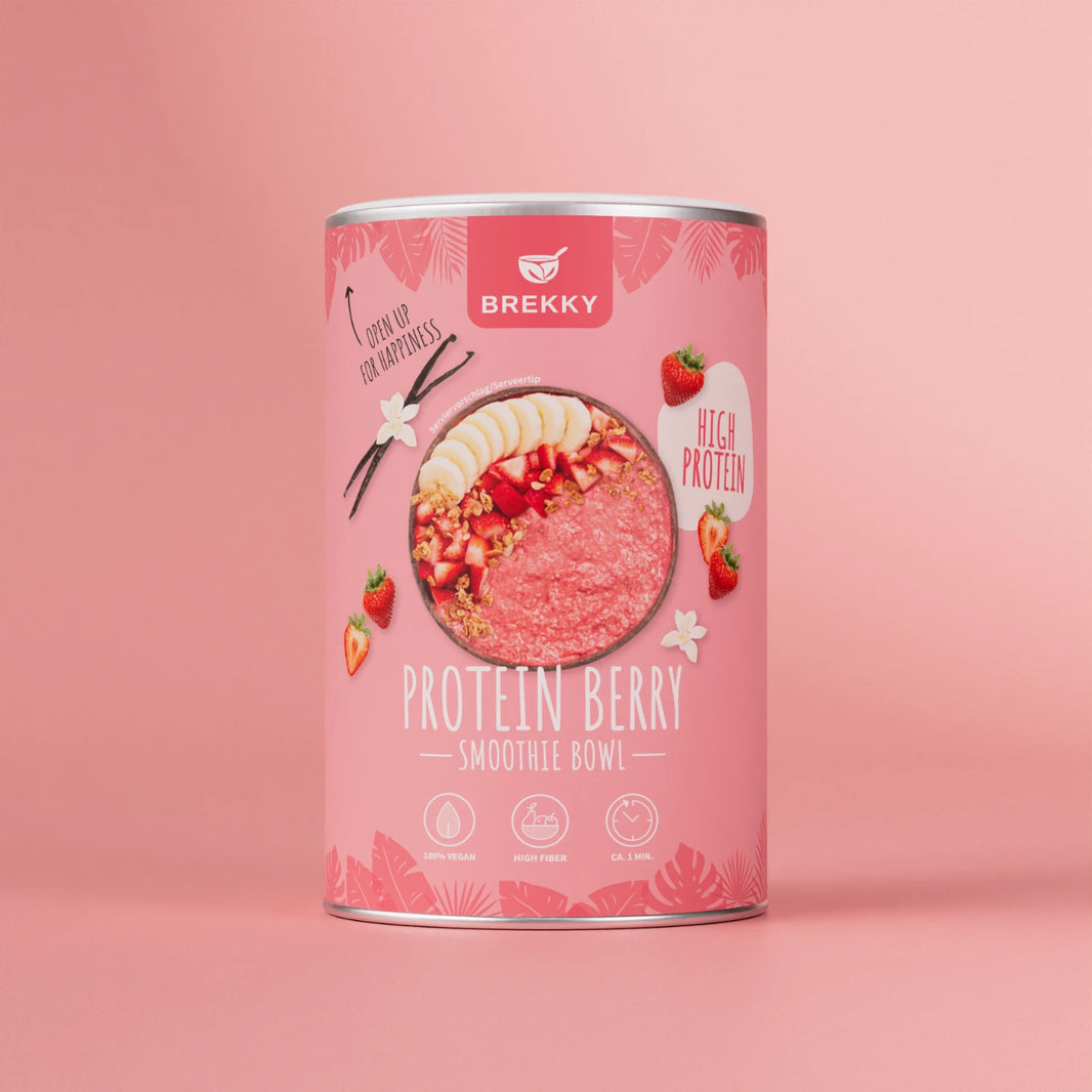 Rosa Dose Protein Berry Smoothie Bowl mit High Protein Hinweis