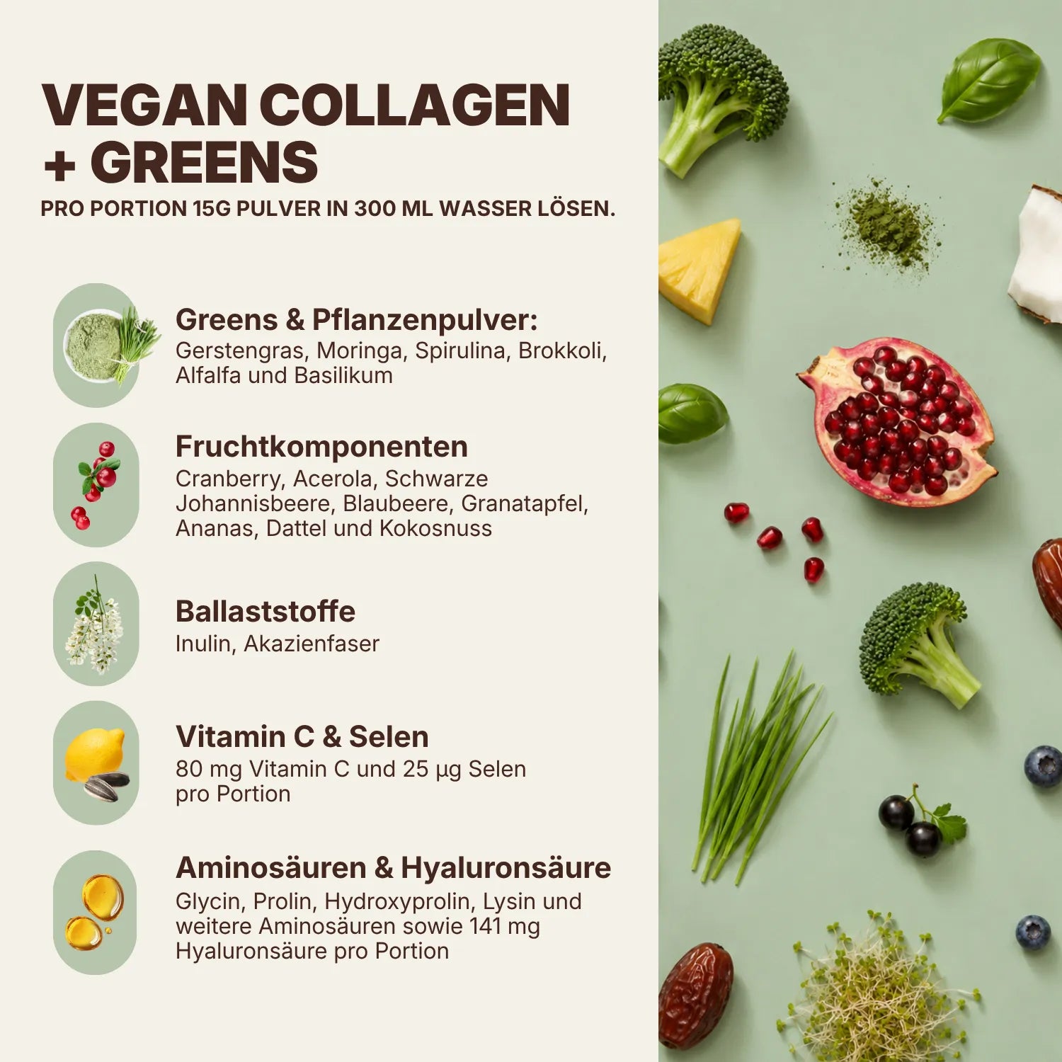 Vegan Collagen und Greens Zutaten im Überblick