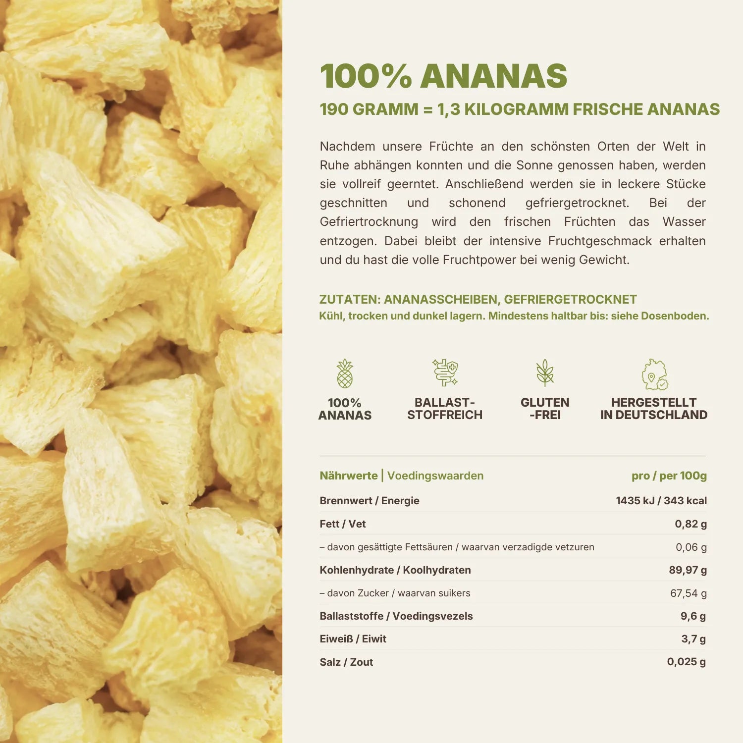 Nährwerttabelle gefriergetrocknete Ananas mit Fruchtstücken