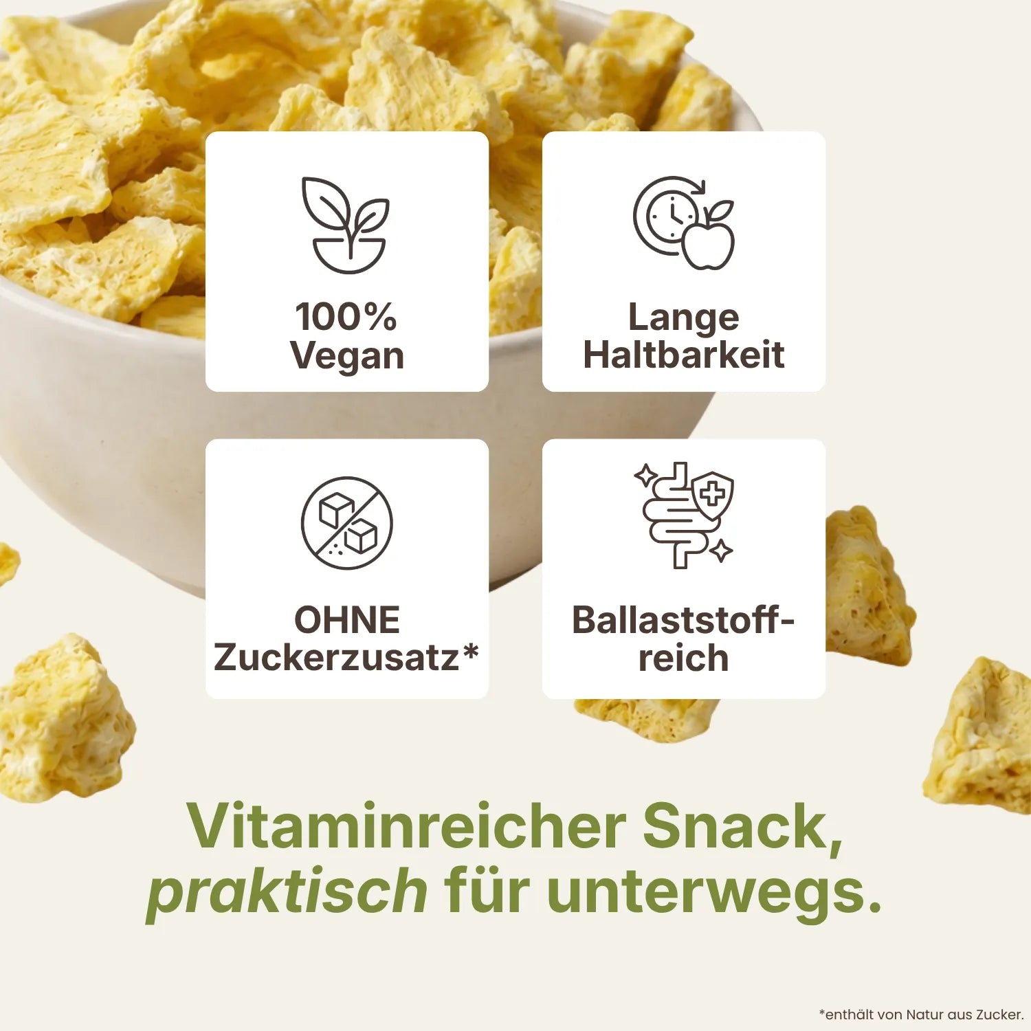 Schale mit gefriergetrockneten Ananasstücken und Produktvorteilen