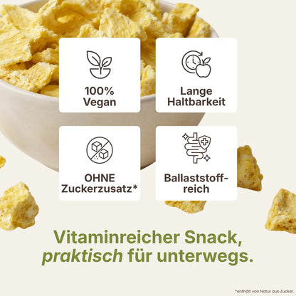 Schale mit gefriergetrockneten Ananasstücken und Produktvorteilen