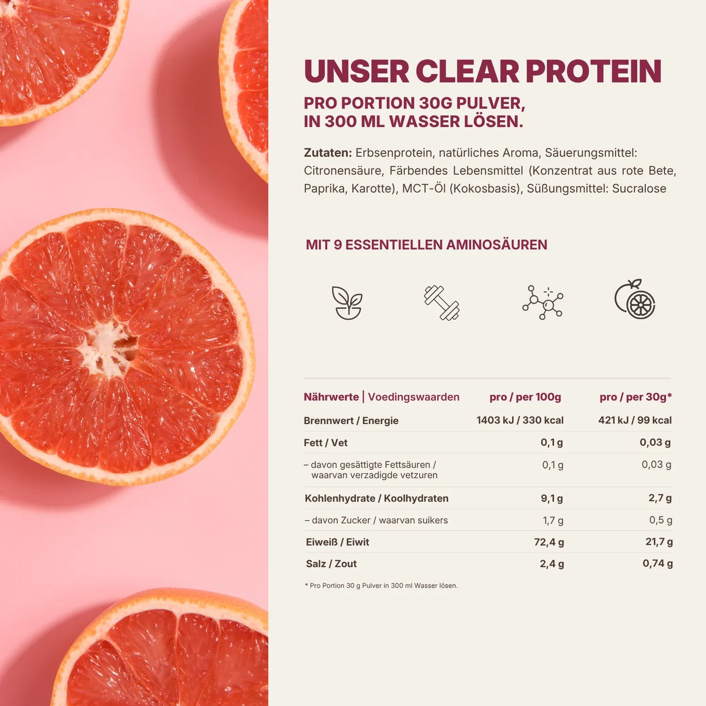 Zutaten und Nährwerttabelle Clear Protein Grapefruit