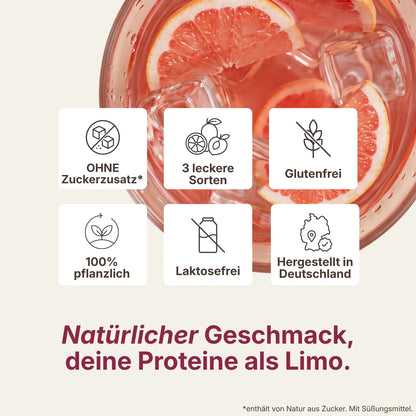 Produktvorteile Clear Protein Grapefruit mit Glas und Grapefruitscheiben