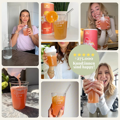Collage Kundinnen mit Clear Protein Getränk in Gläsern