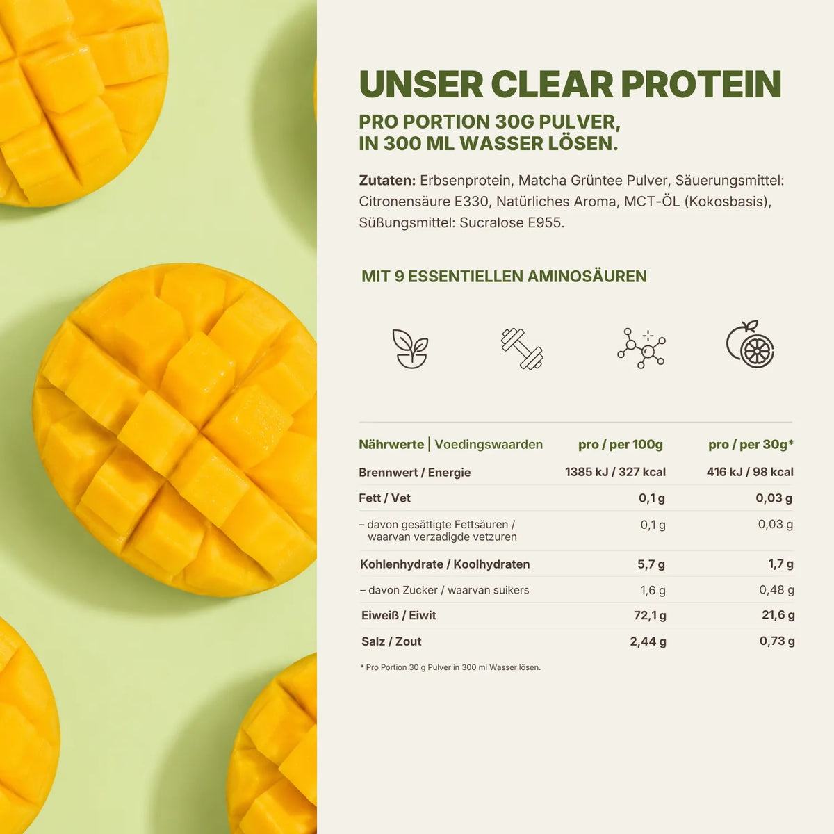 Nährwerttabelle Clear Protein Matcha Mango mit Mangostücken