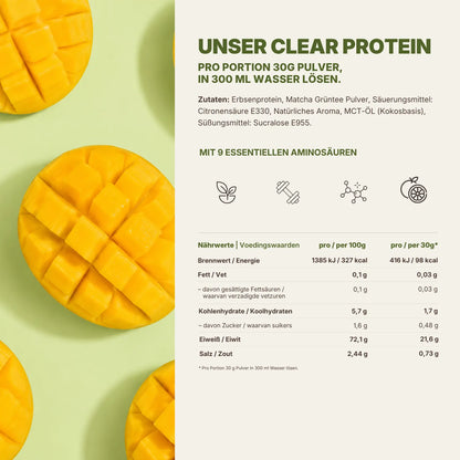 Nährwerttabelle Clear Protein Matcha Mango mit Mangostücken