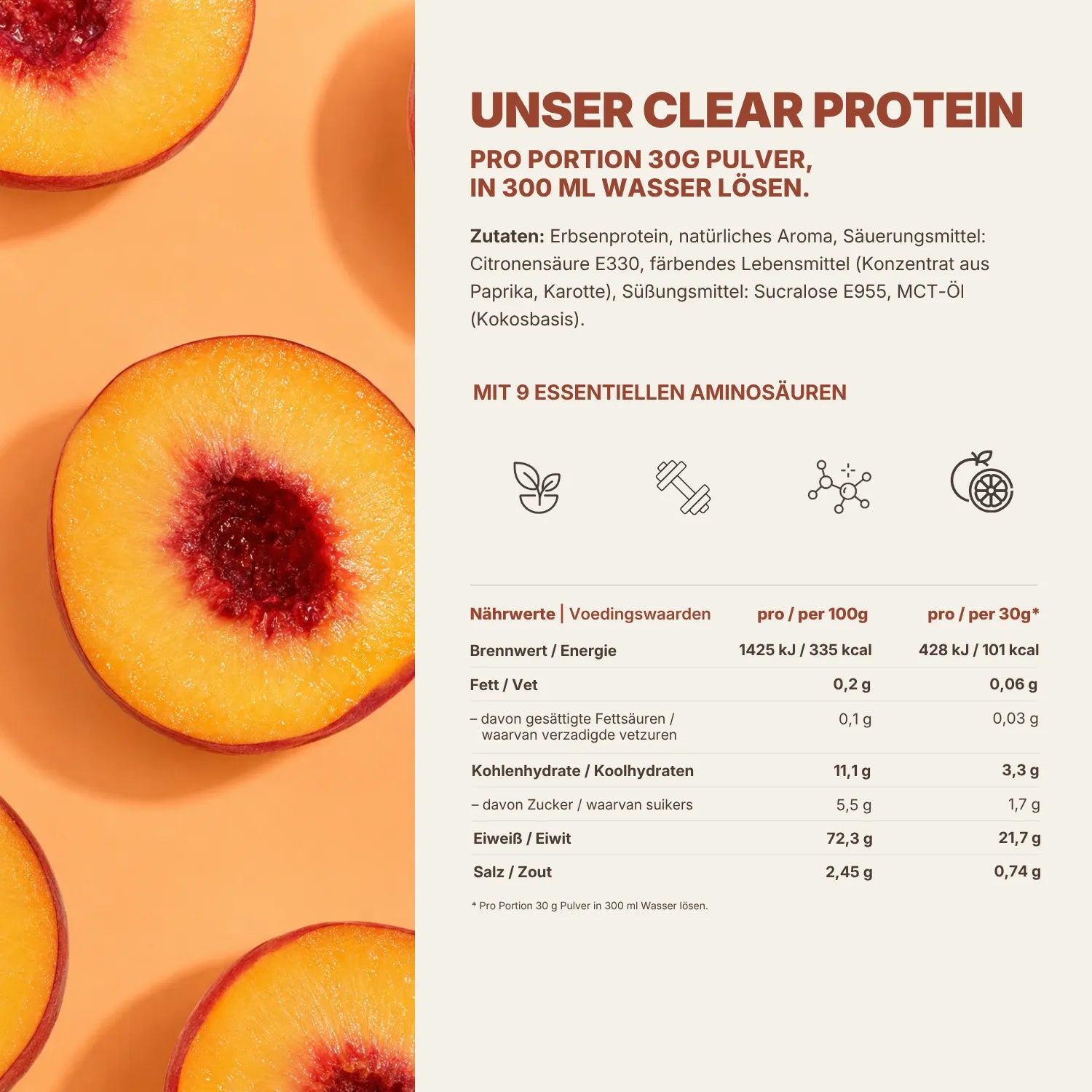 Nährwerttabelle Clear Protein Peach Ice Tea mit Pfirsichhälften