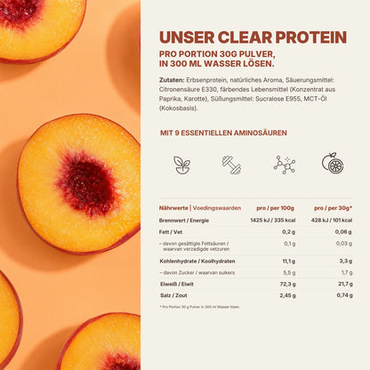Nährwerttabelle Clear Protein Peach Ice Tea mit Pfirsichhälften