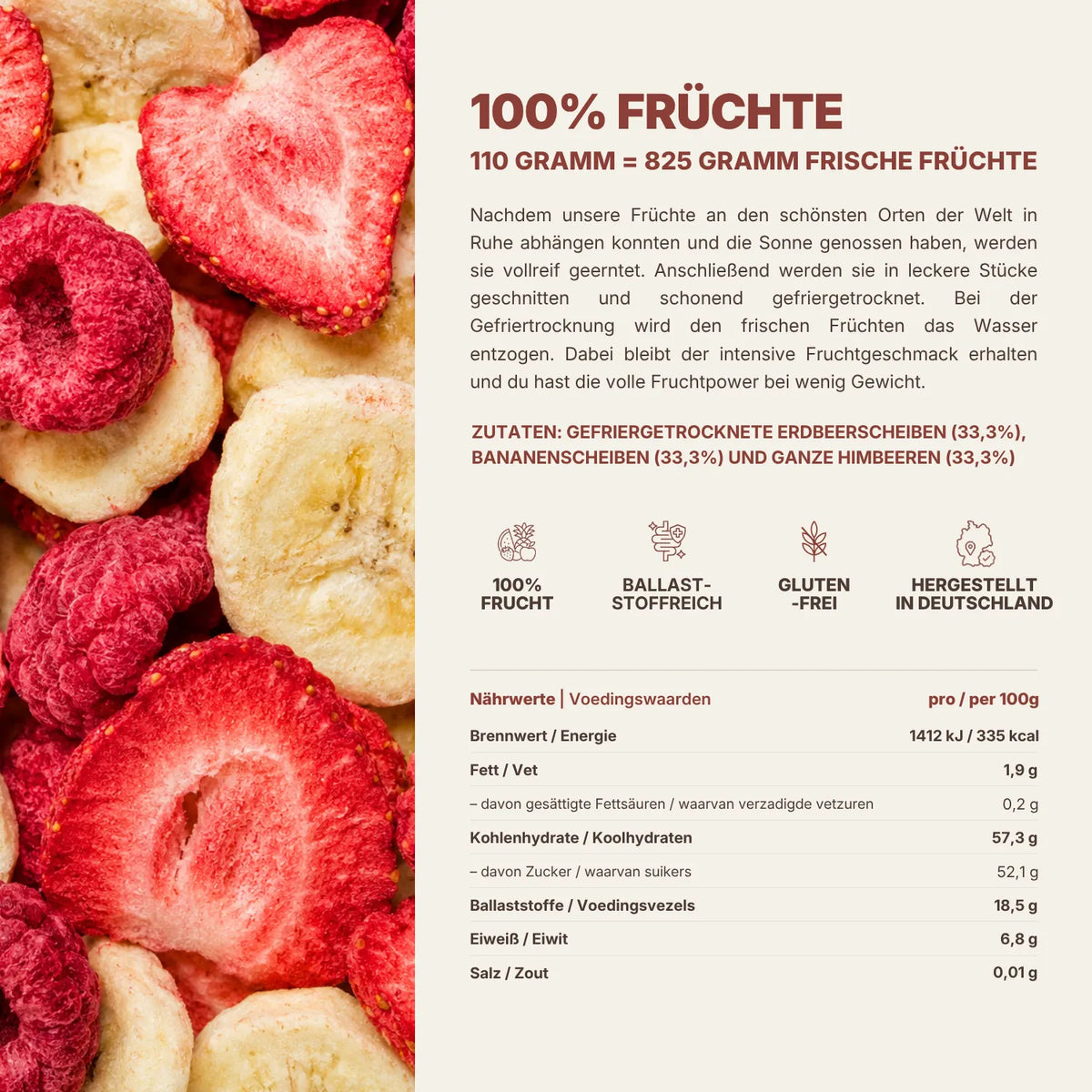 Nährwerttabelle gefriergetrockneter Fruit Mix mit Erdbeeren und Bananen