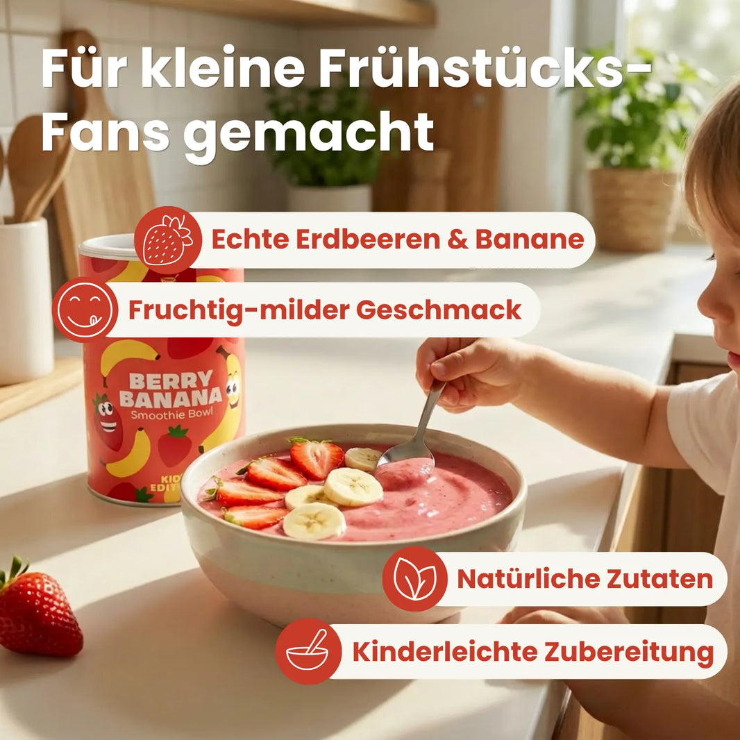 Kind isst Berry Banana Kids Bowl mit Erdbeeren