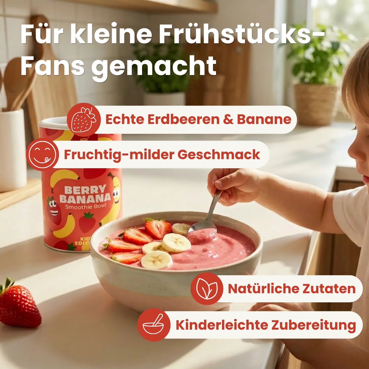 Kind isst Berry Banana Kids Bowl mit Erdbeeren
