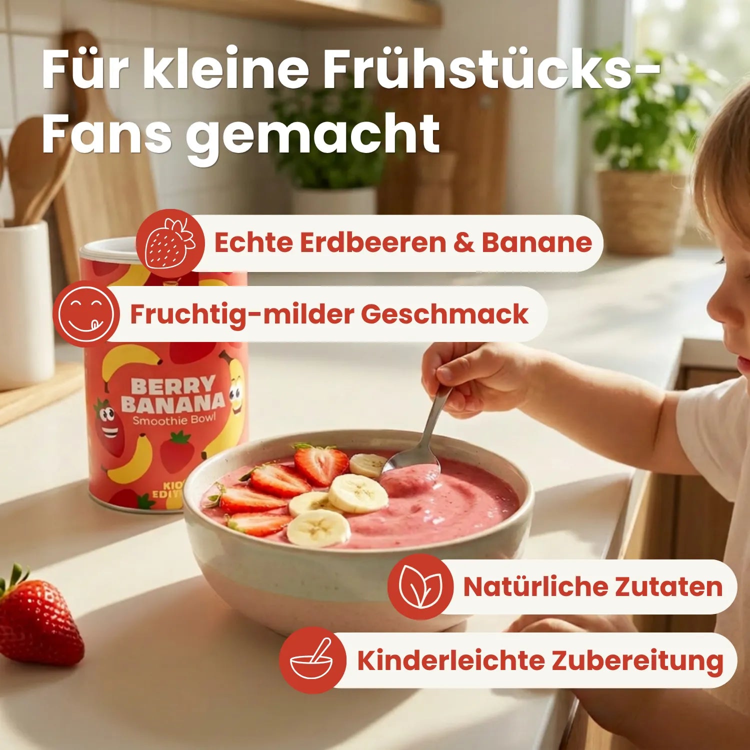 Kind isst Berry Banana Kids Bowl mit Erdbeeren