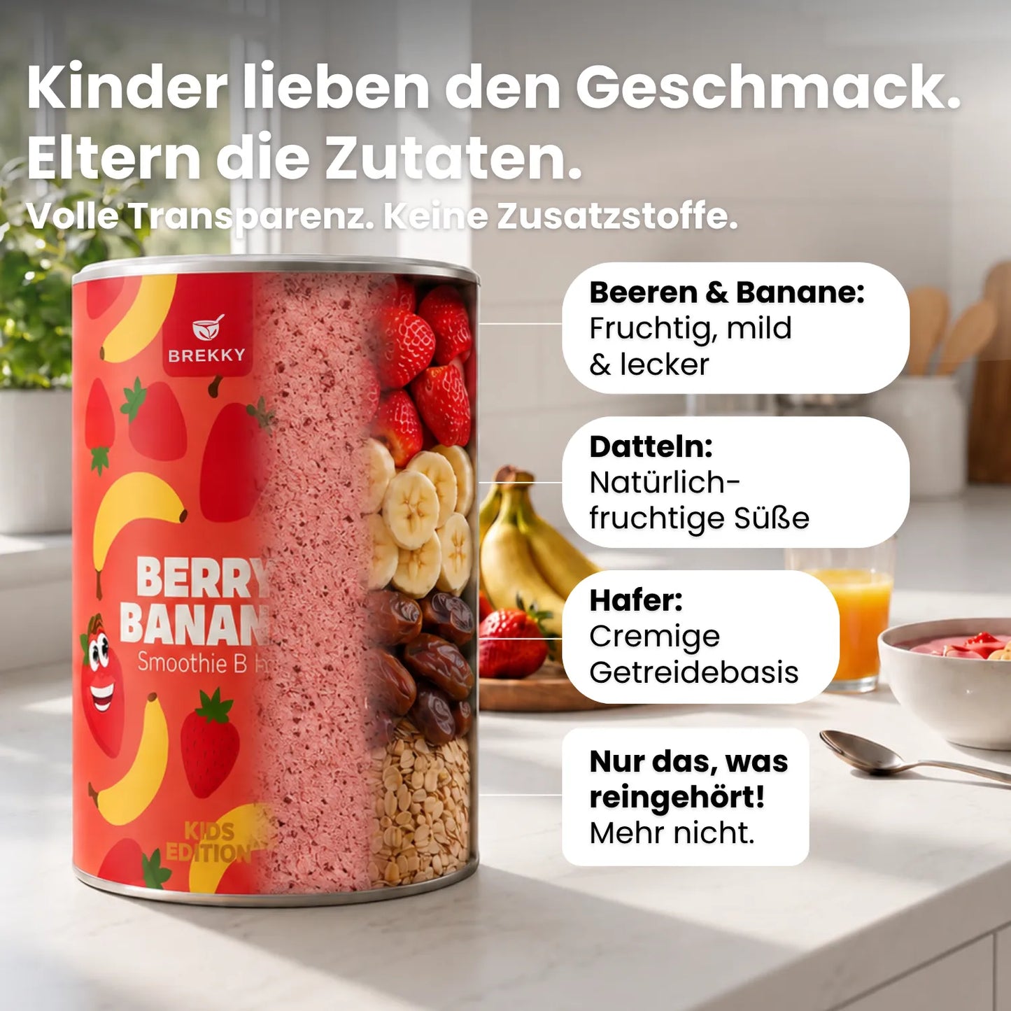 Dose Berry Banana Kids Bowl mit Zutaten Beeren, Datteln, Hafer