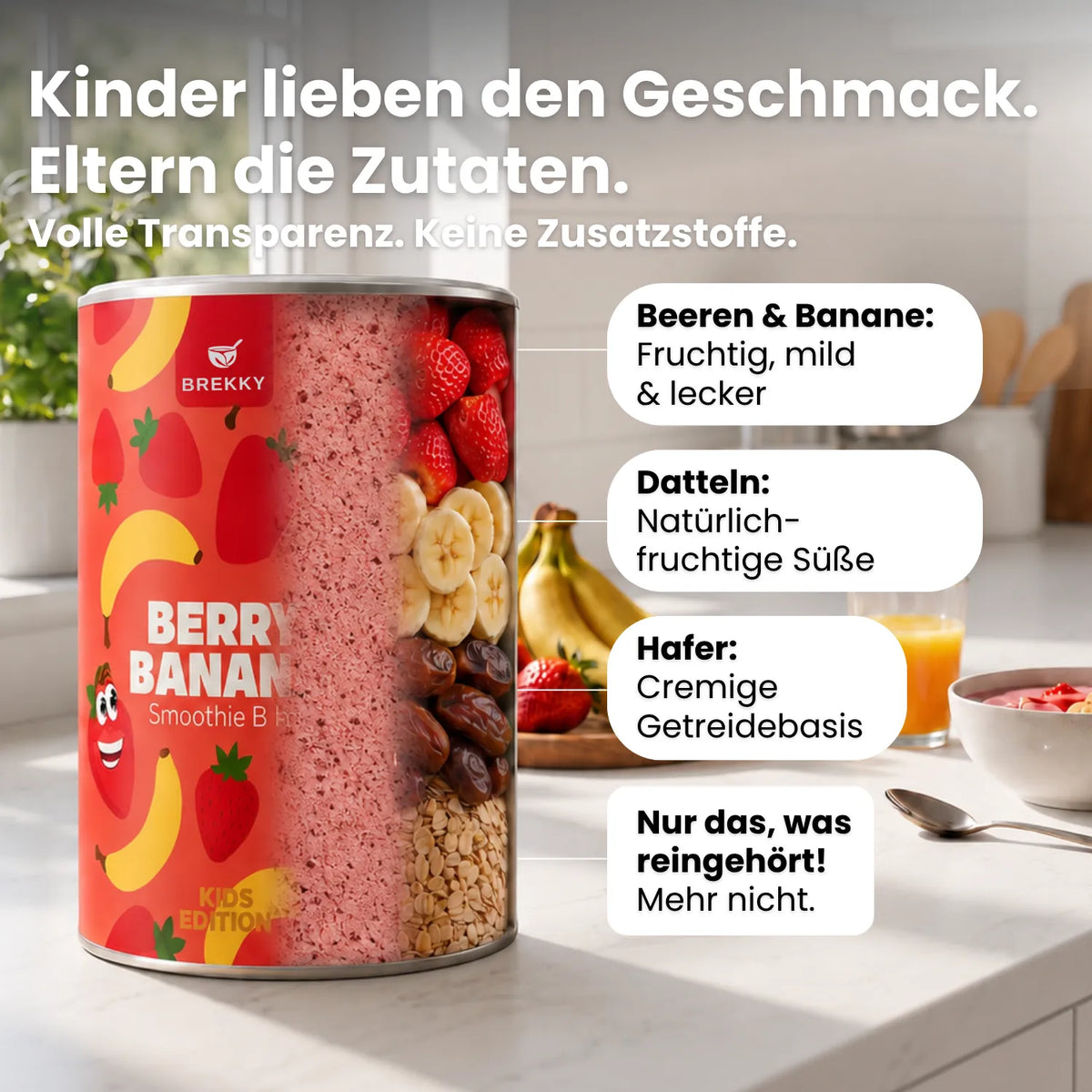 Dose Berry Banana Kids Bowl mit Zutaten Beeren, Datteln, Hafer