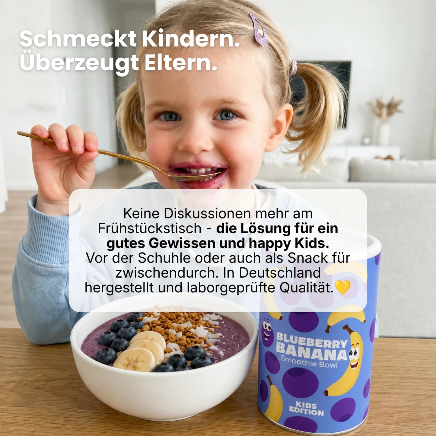 Mädchen löffelt Blueberry Banana Bowl neben Produktdose