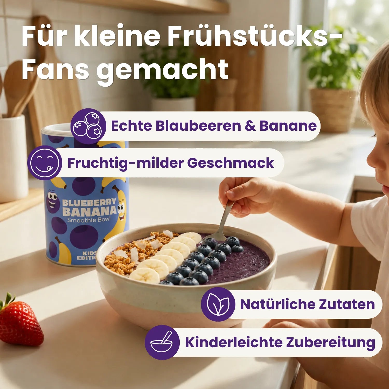 Kind isst Blueberry Banana Bowl neben der Dose