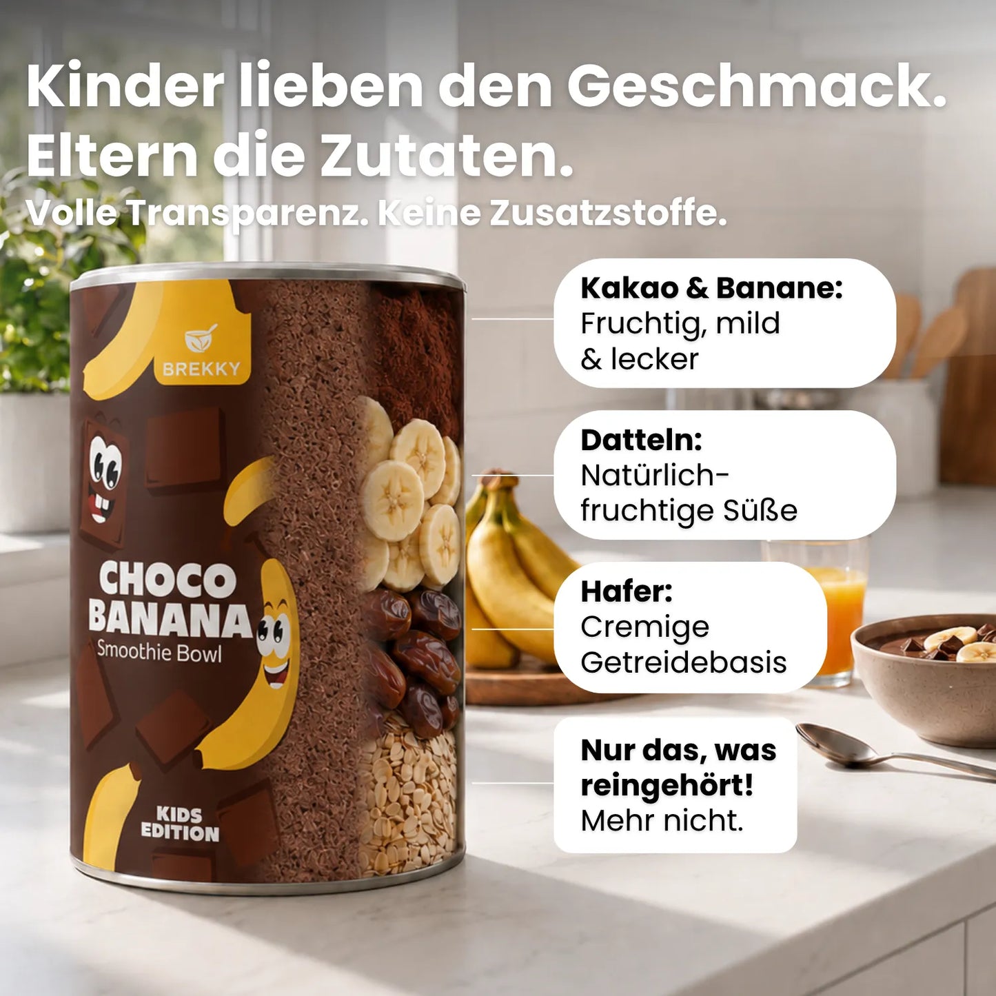 Choco Banana Kids Dose mit Zutaten Kakao, Banane, Datteln
