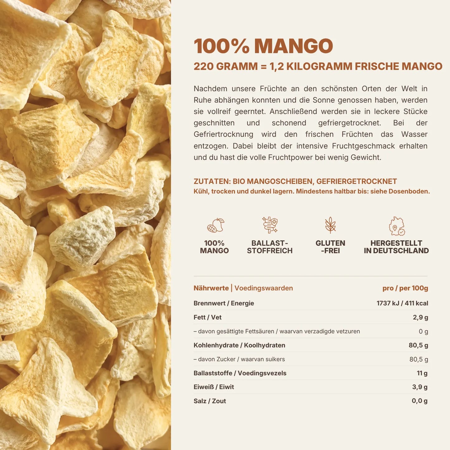 Nährwerttabelle und Zutaten gefriergetrocknete Mango