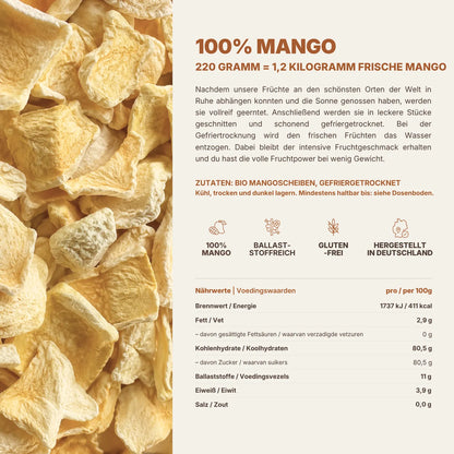 Nährwerttabelle und Zutaten gefriergetrocknete Mango