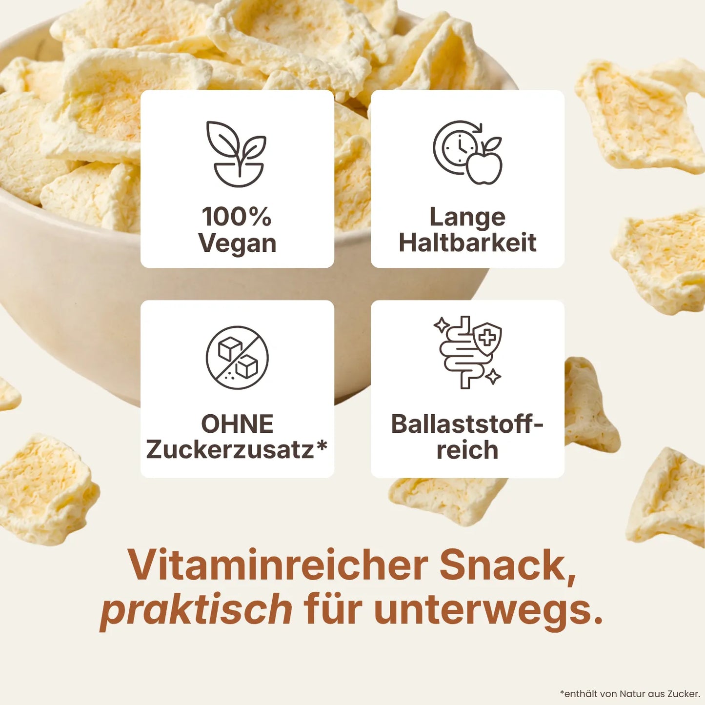 Schale mit gefriergetrockneten Mangostücken und Produktvorteilen
