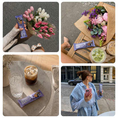 Collage mit Proteinriegeln, Blumenstrauß und Eiskaffee