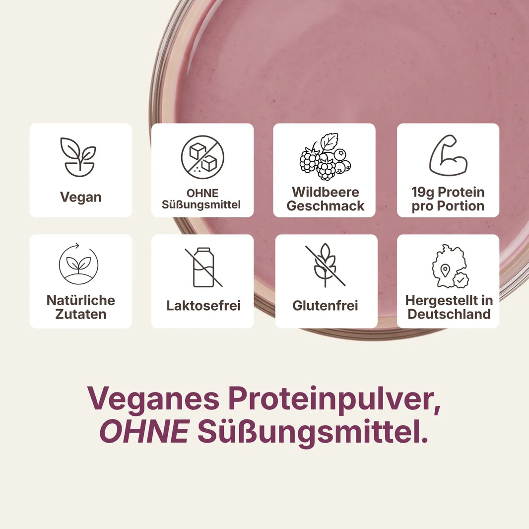 Icons zu veganem Proteinpulver Wildbeere ohne Süßungsmittel