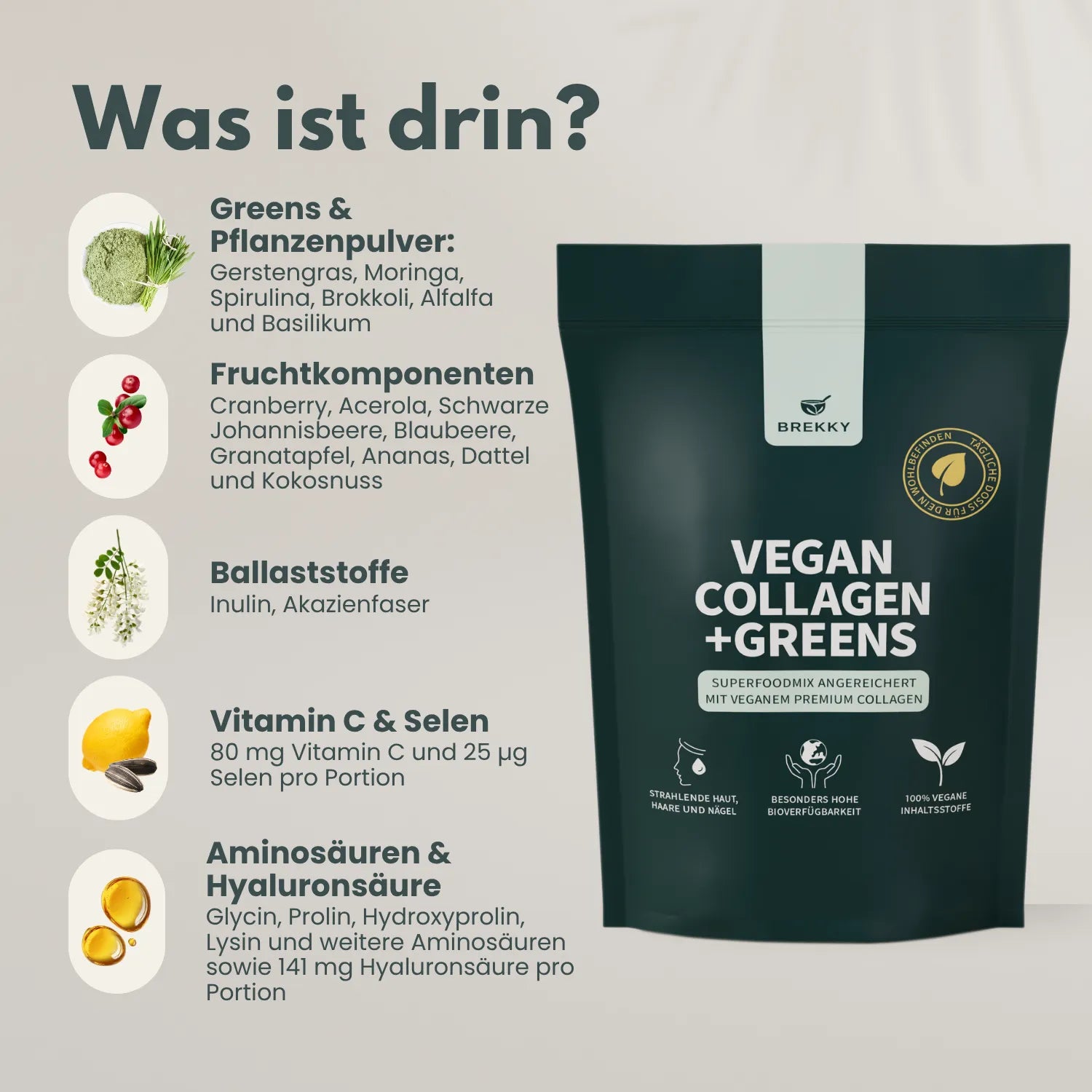 Zutatenübersicht Vegan Collagen plus Greens Beutel