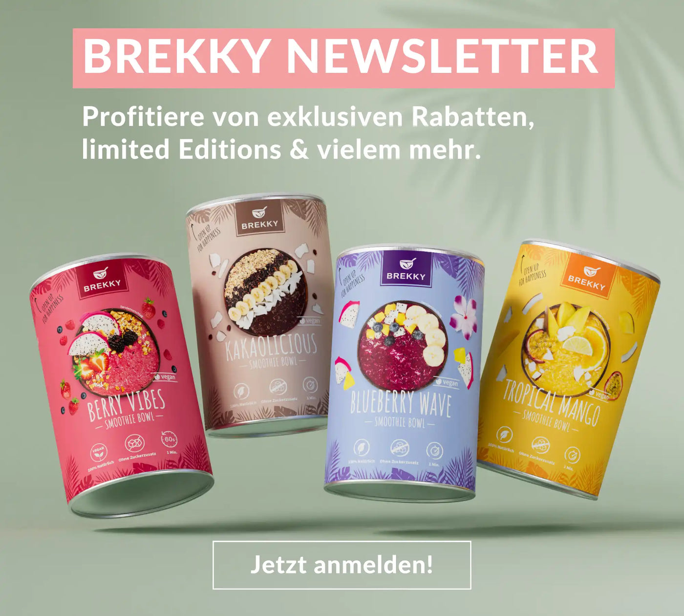 Newsletter Banner mit vier Smoothie Bowl Dosen