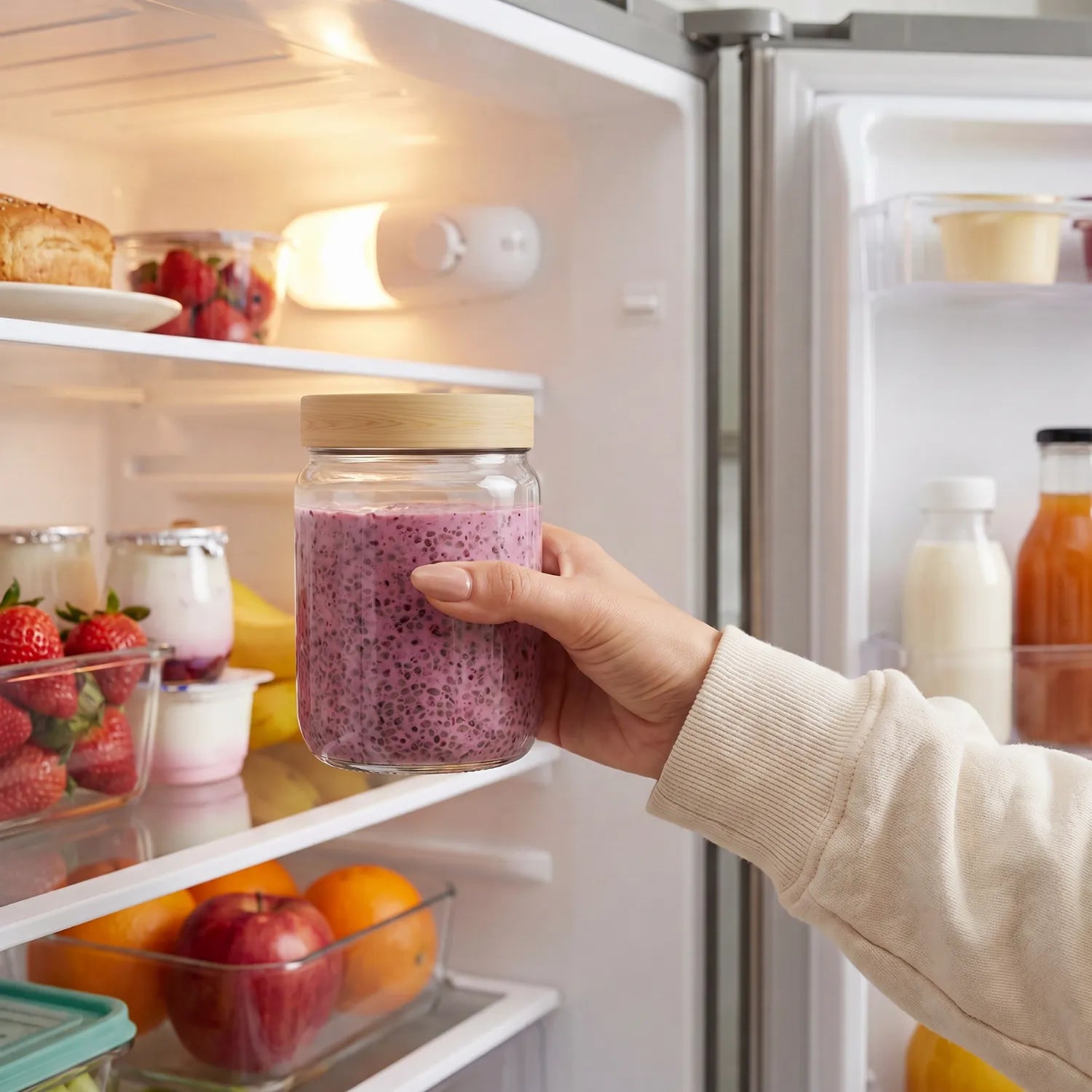 Beeren Chia Pudding im Glas im Kühlschrank